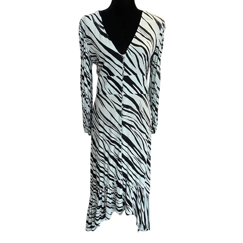 Leith Blue Slash Tulip Hem V-Neck Midi Dress Button Front Long Sleeve